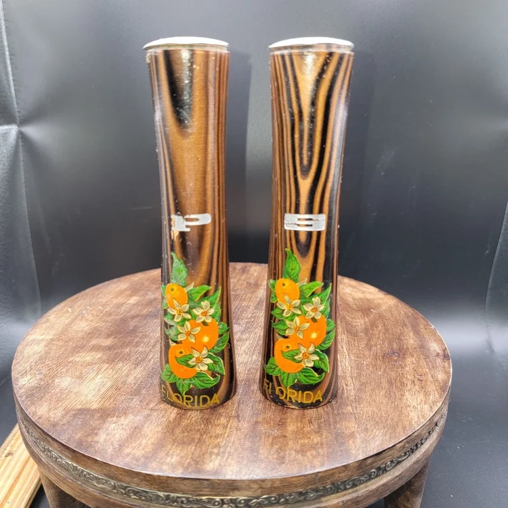 Vintage Tall Mid-Century Wood Salt & Pepper Shakers Florida Oranges Souvenir